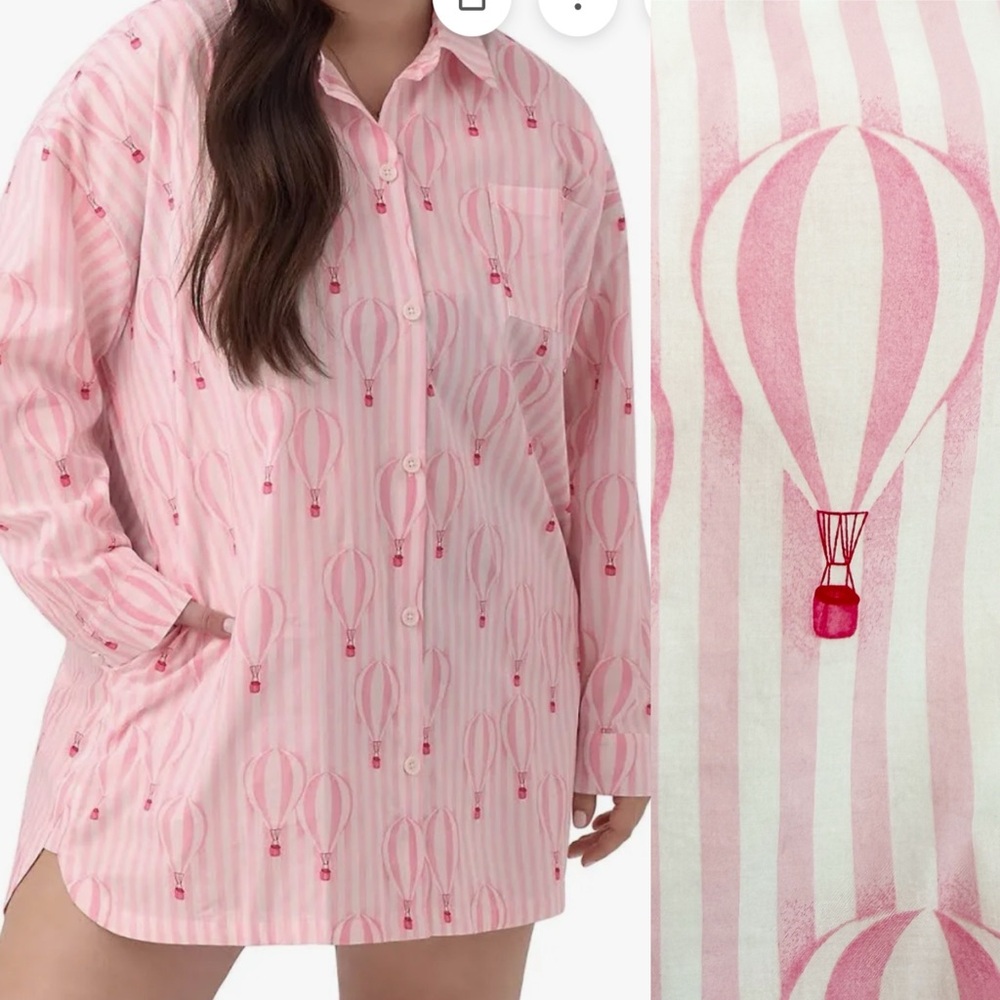 BedHead Pajamas PJ’s Ballon Ride Cotton Poplin Sleep Shirt Dress Pink White - Picture 4 of 16